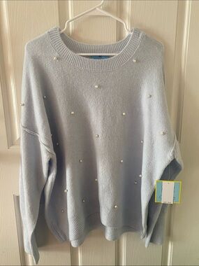 CeCe Light Blue Pearl-Embellished Crewneck Sweater